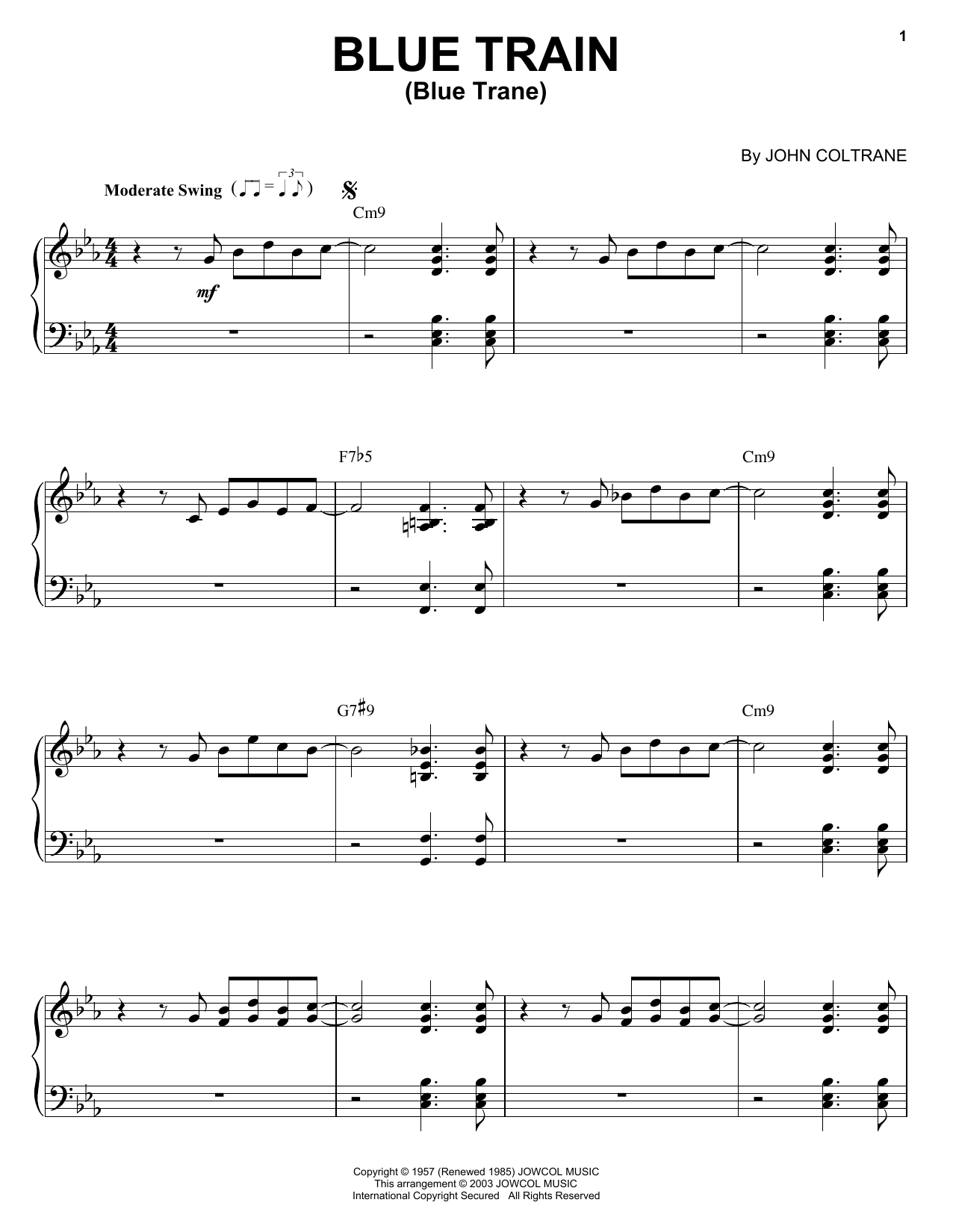 John Coltrane Blue Train (Blue Trane) Sheet Music Notes & Chords for Piano Solo - Download or Print PDF