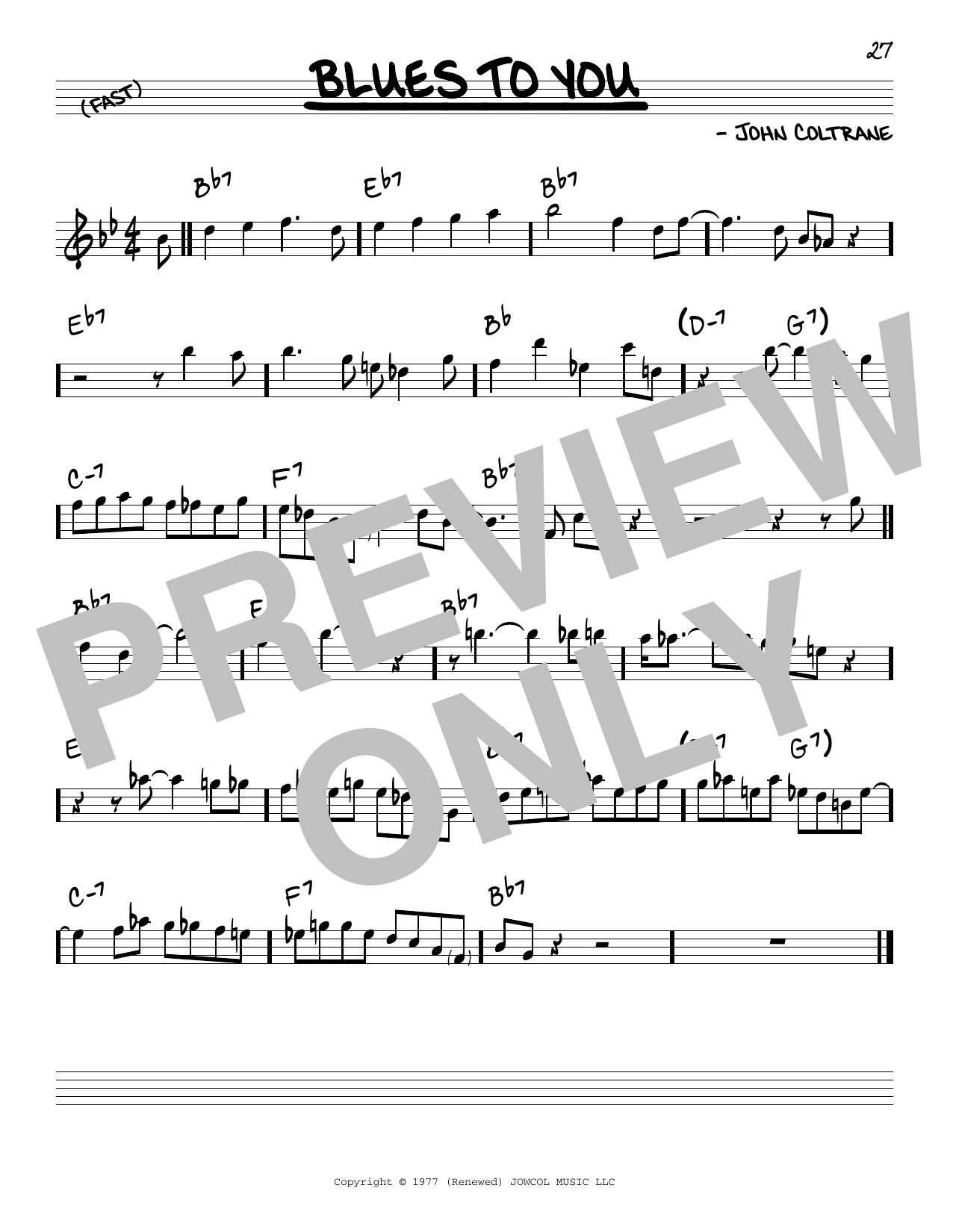 John Coltrane Blues To You Sheet Music Notes & Chords for Real Book – Melody & Chords - Download or Print PDF