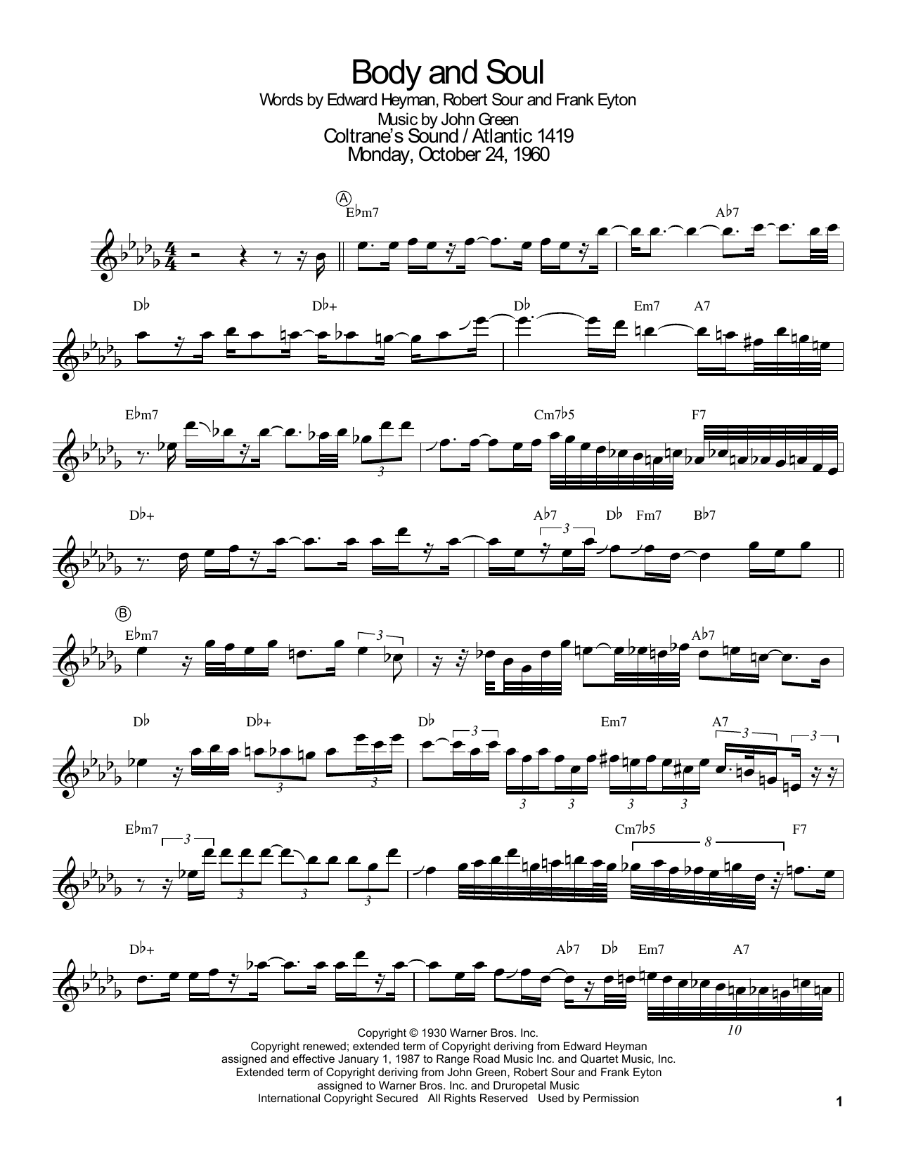 John Coltrane Body And Soul Sheet Music Notes & Chords for Tenor Sax Transcription - Download or Print PDF