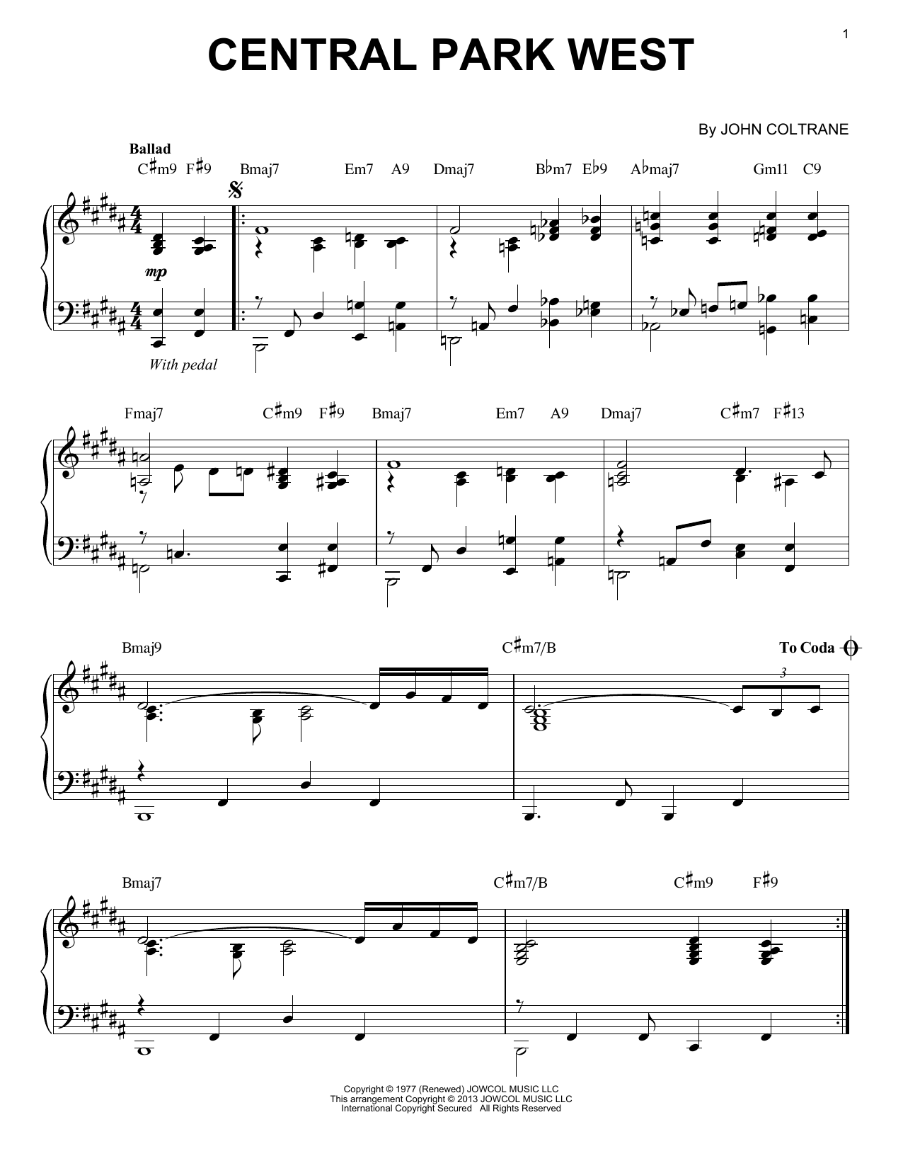 John Coltrane Central Park West (arr. Brent Edstrom) Sheet Music Notes & Chords for Piano Solo - Download or Print PDF