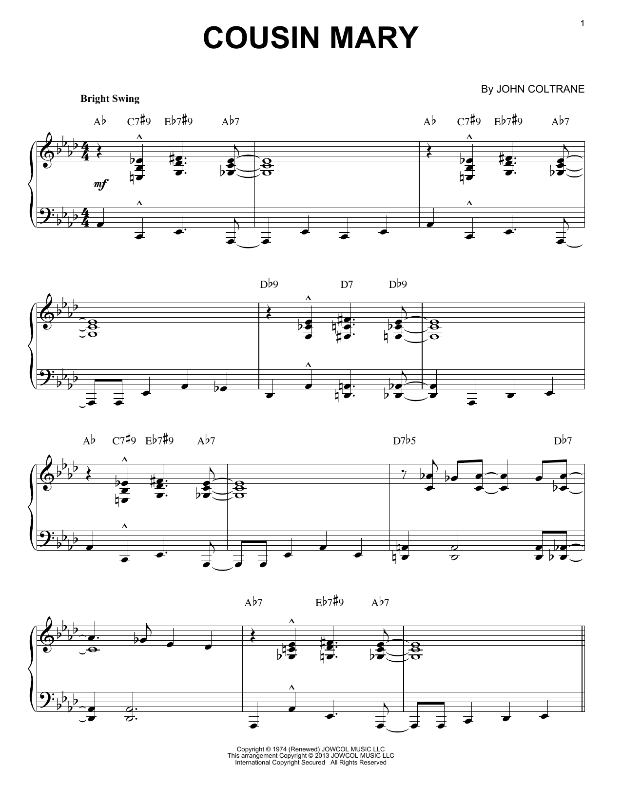 John Coltrane Cousin Mary (arr. Brent Edstrom) Sheet Music Notes & Chords for Piano Solo - Download or Print PDF