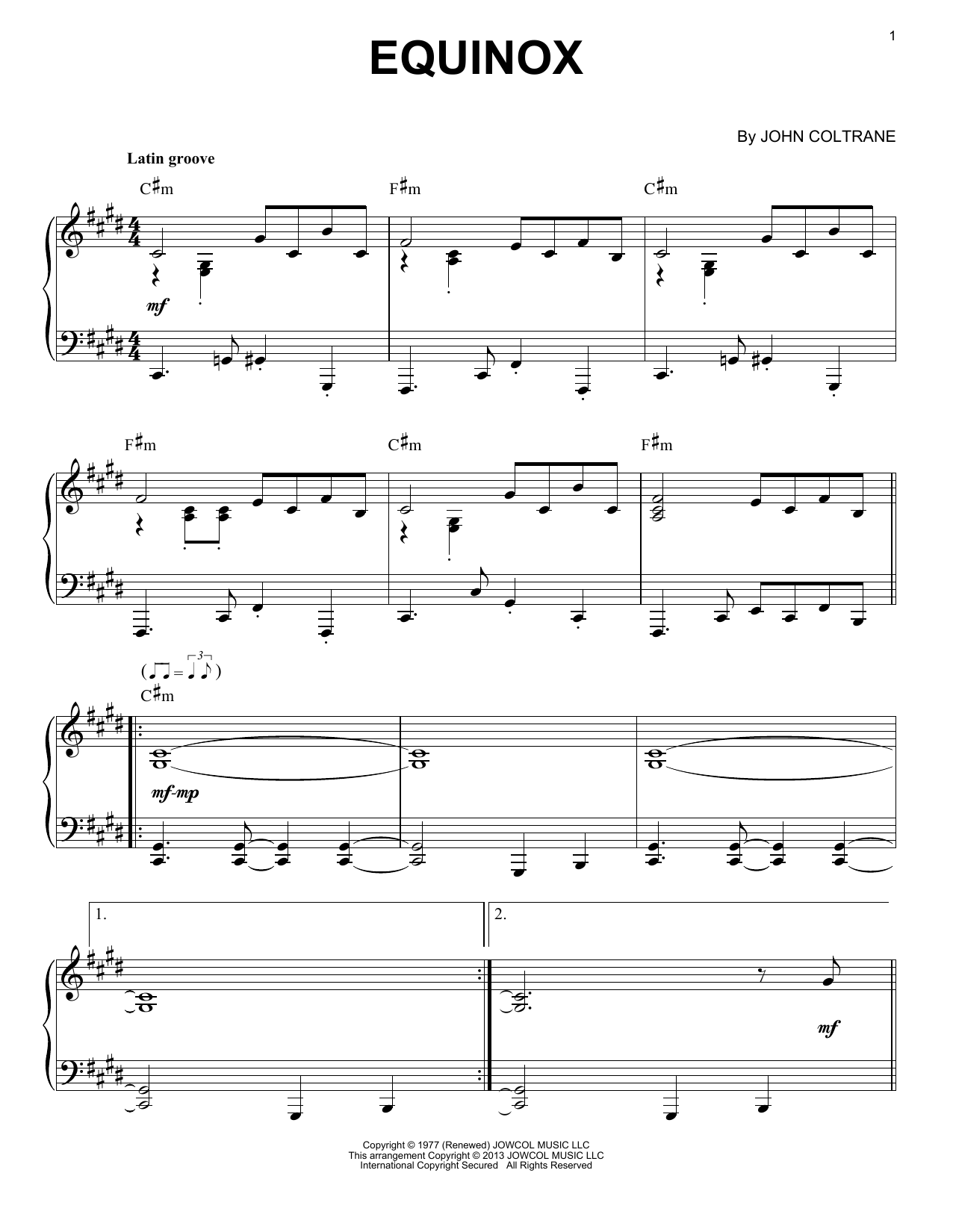 John Coltrane Equinox (arr. Brent Edstrom) Sheet Music Notes & Chords for Piano Solo - Download or Print PDF