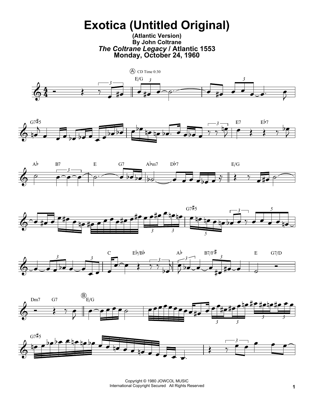 John Coltrane Exotica (Untitled Original) (Atlantic Version) Sheet Music Notes & Chords for Tenor Sax Transcription - Download or Print PDF