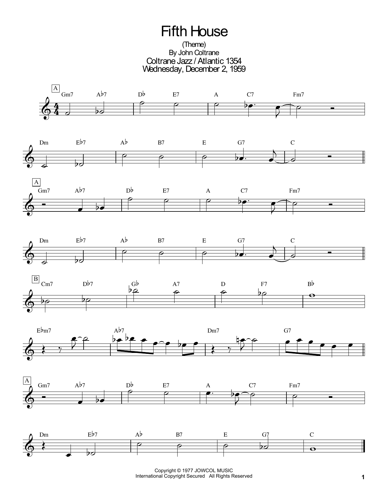 John Coltrane Fifth House Sheet Music Notes & Chords for Real Book – Melody & Chords - Download or Print PDF