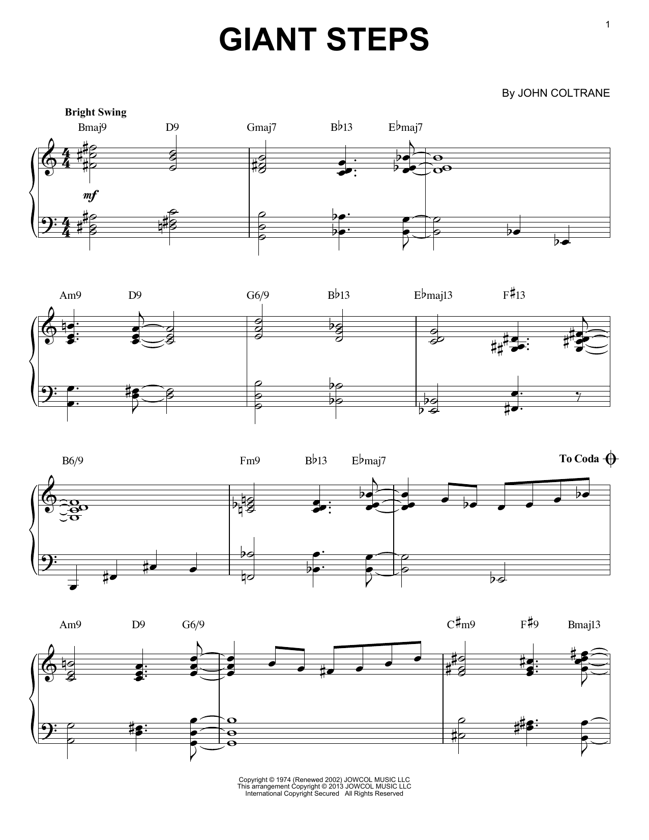 John Coltrane Giant Steps [Jazz version] (arr. Brent Edstrom) Sheet Music Notes & Chords for Piano Solo - Download or Print PDF