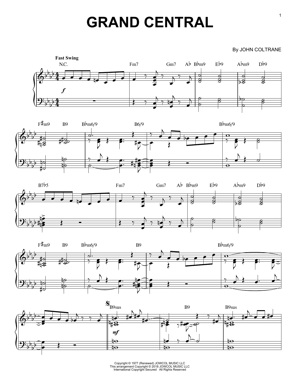 John Coltrane Grand Central [Jazz version] Sheet Music Notes & Chords for Piano Solo - Download or Print PDF