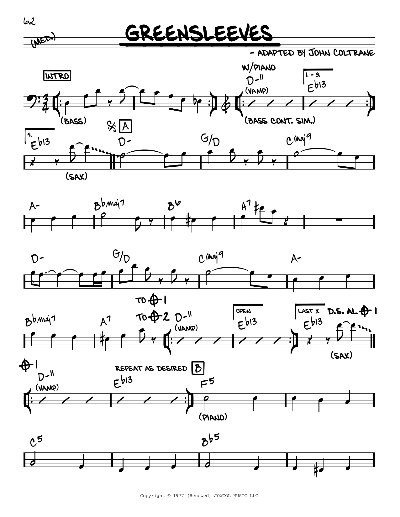 John Coltrane Greensleeves Sheet Music Notes & Chords for Real Book – Melody & Chords - Download or Print PDF