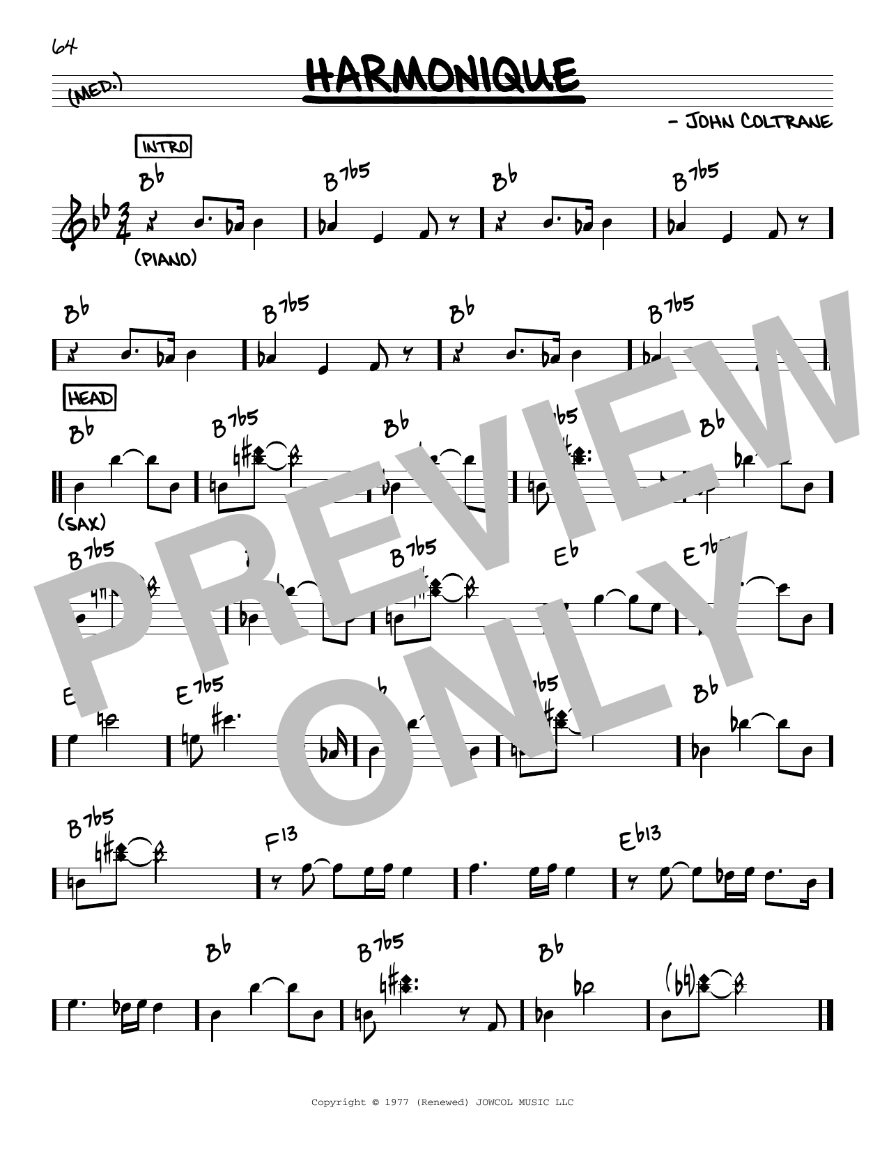 John Coltrane Harmonique Sheet Music Notes & Chords for Real Book – Melody & Chords - Download or Print PDF
