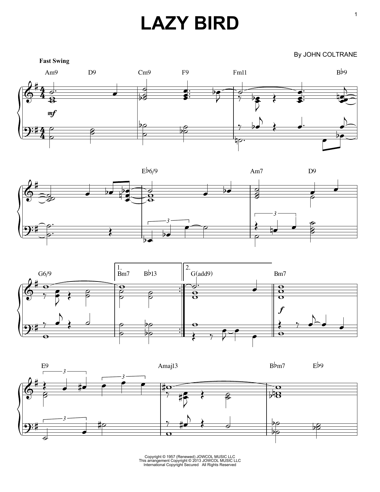 John Coltrane Lazy Bird (arr. Brent Edstrom) Sheet Music Notes & Chords for Piano Solo - Download or Print PDF