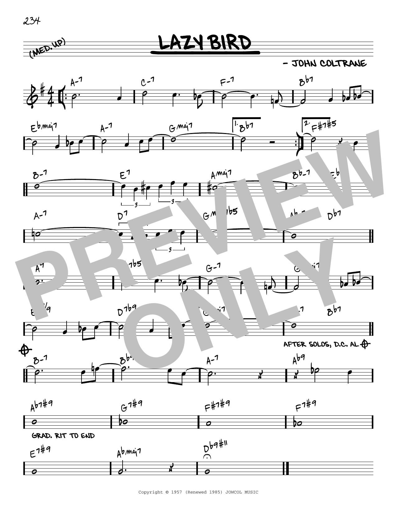 John Coltrane Lazy Bird [Reharmonized version] (arr. Jack Grassel) Sheet Music Notes & Chords for Real Book – Melody & Chords - Download or Print PDF
