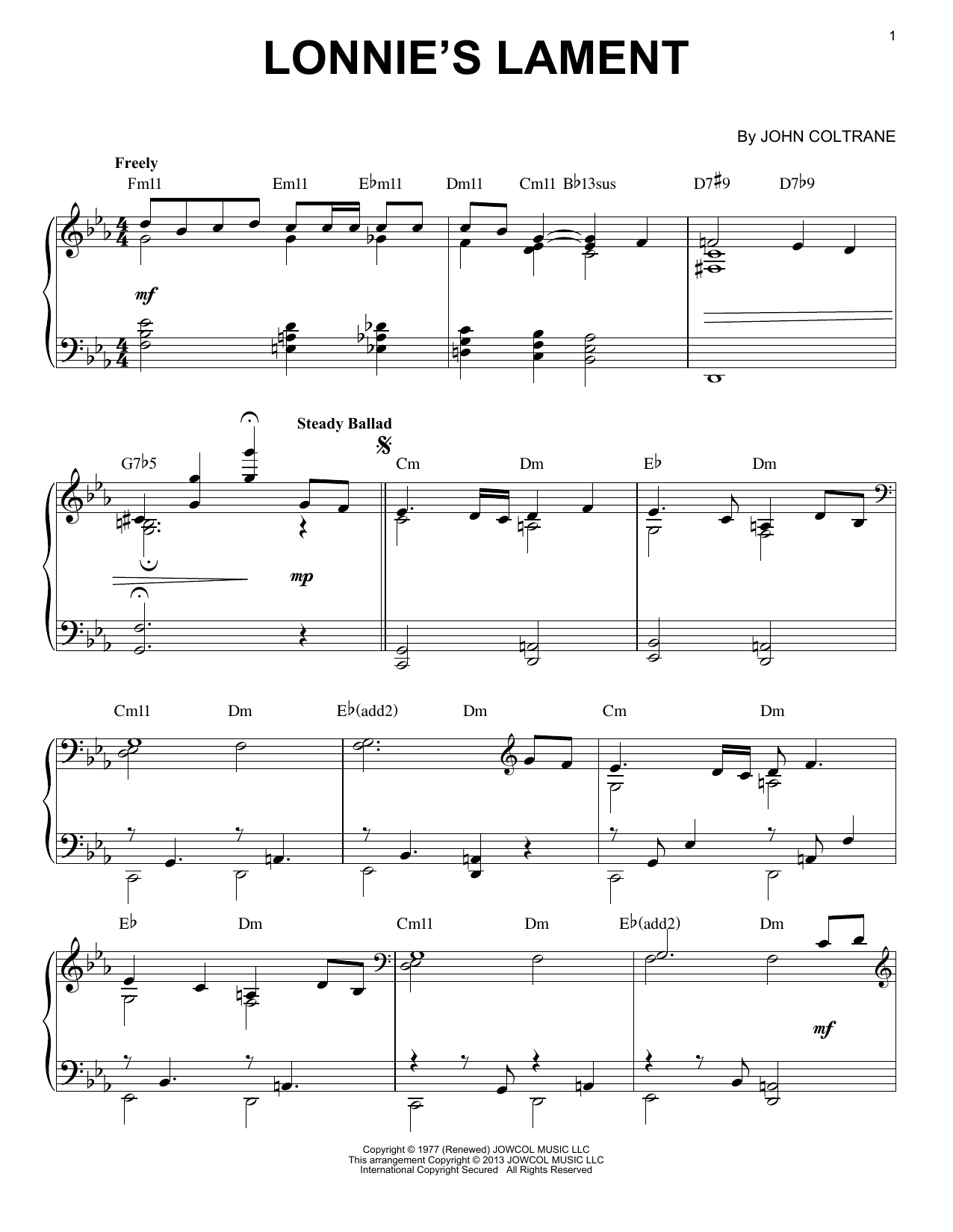 John Coltrane Lonnie's Lament (arr. Brent Edstrom) Sheet Music Notes & Chords for Piano Solo - Download or Print PDF