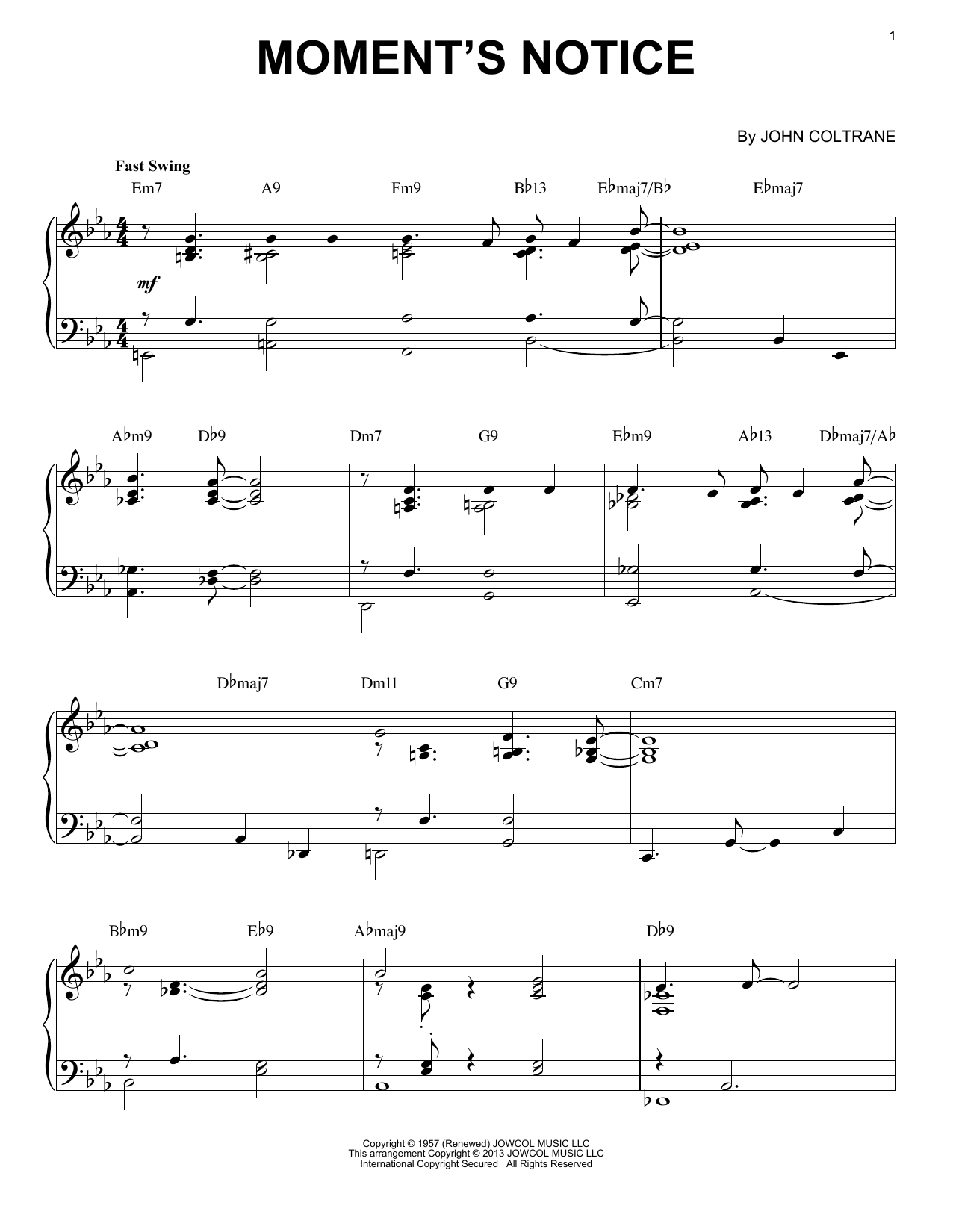 John Coltrane Moment's Notice (arr. Brent Edstrom) Sheet Music Notes & Chords for Piano Solo - Download or Print PDF
