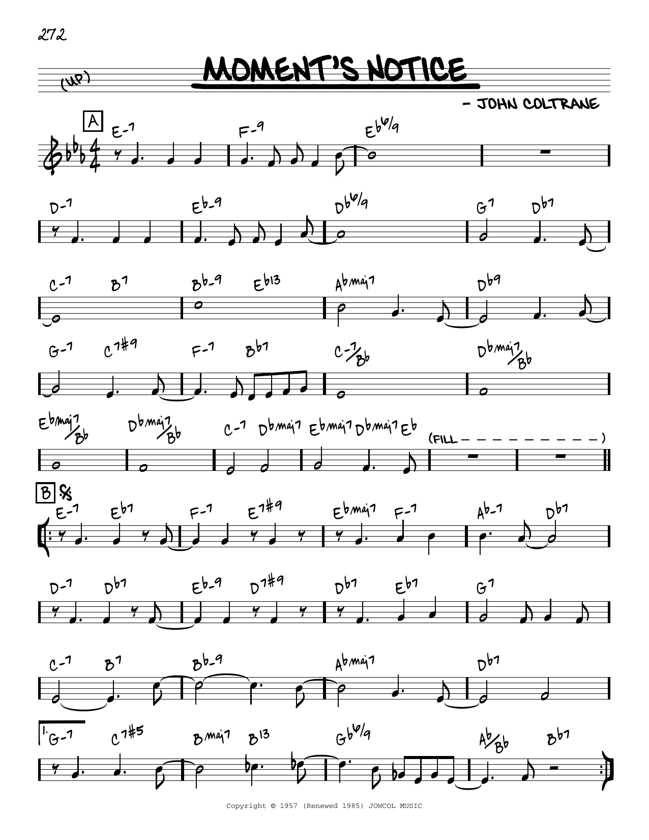 John Coltrane Moment's Notice [Reharmonized version] (arr. Jack Grassel) Sheet Music Notes & Chords for Real Book – Melody & Chords - Download or Print PDF