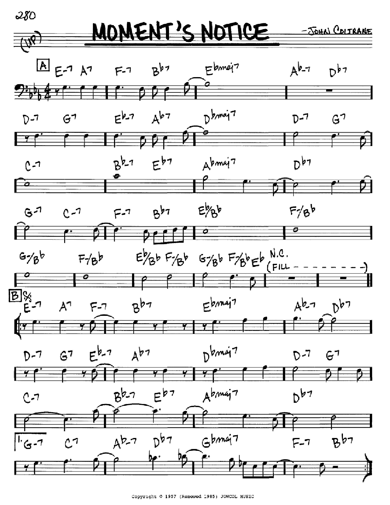 John Coltrane Moment's Notice Sheet Music Notes & Chords for Real Book – Melody & Chords - Download or Print PDF