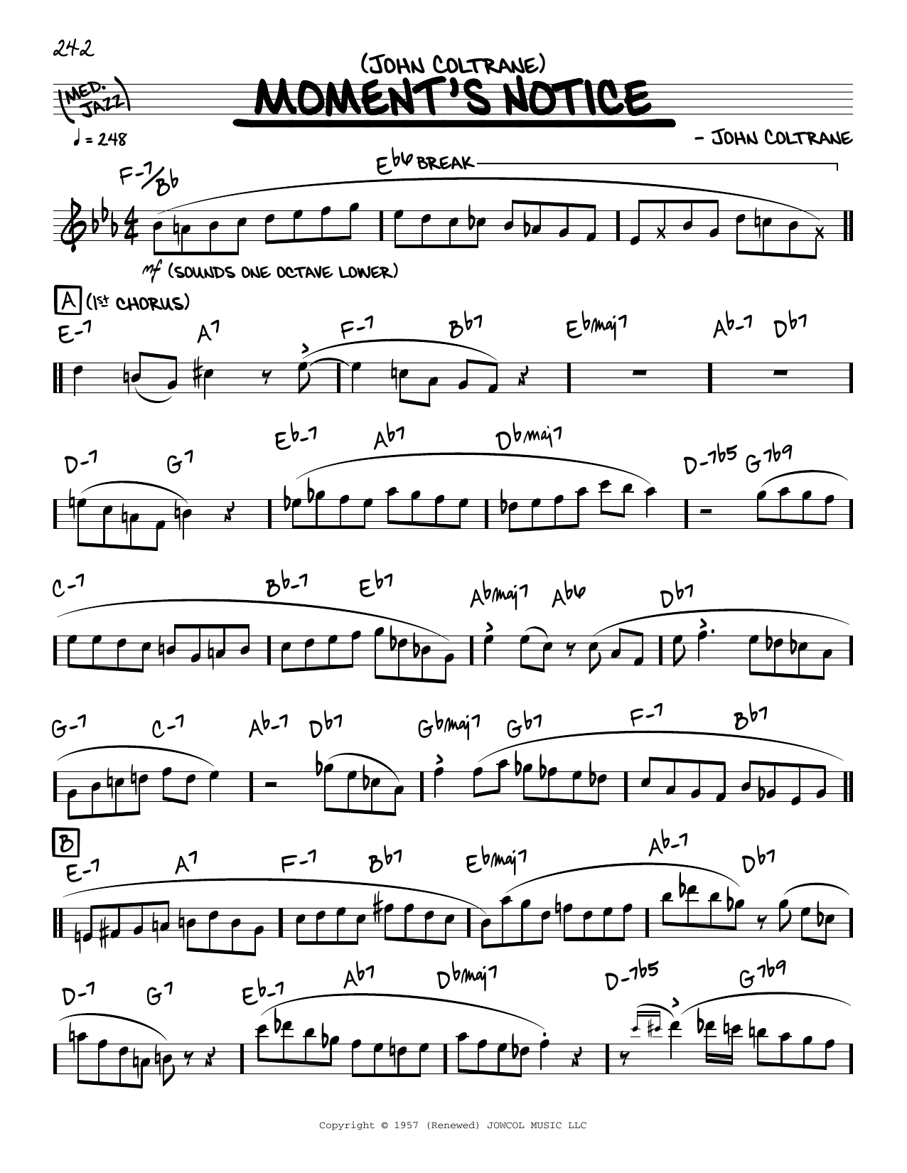 John Coltrane Moment's Notice (solo only) Sheet Music Notes & Chords for Real Book – Melody & Chords - Download or Print PDF