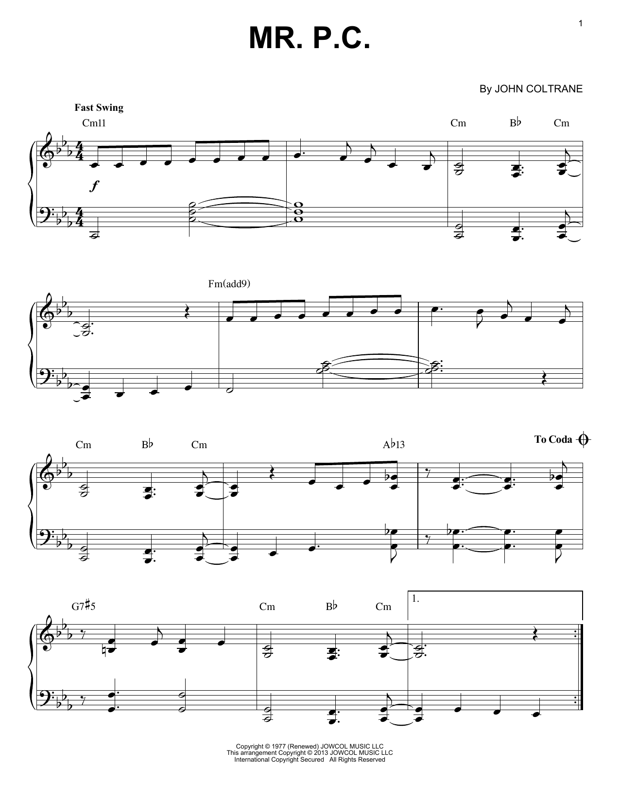 John Coltrane Mr. P.C. (arr. Brent Edstrom) Sheet Music Notes & Chords for Piano Solo - Download or Print PDF