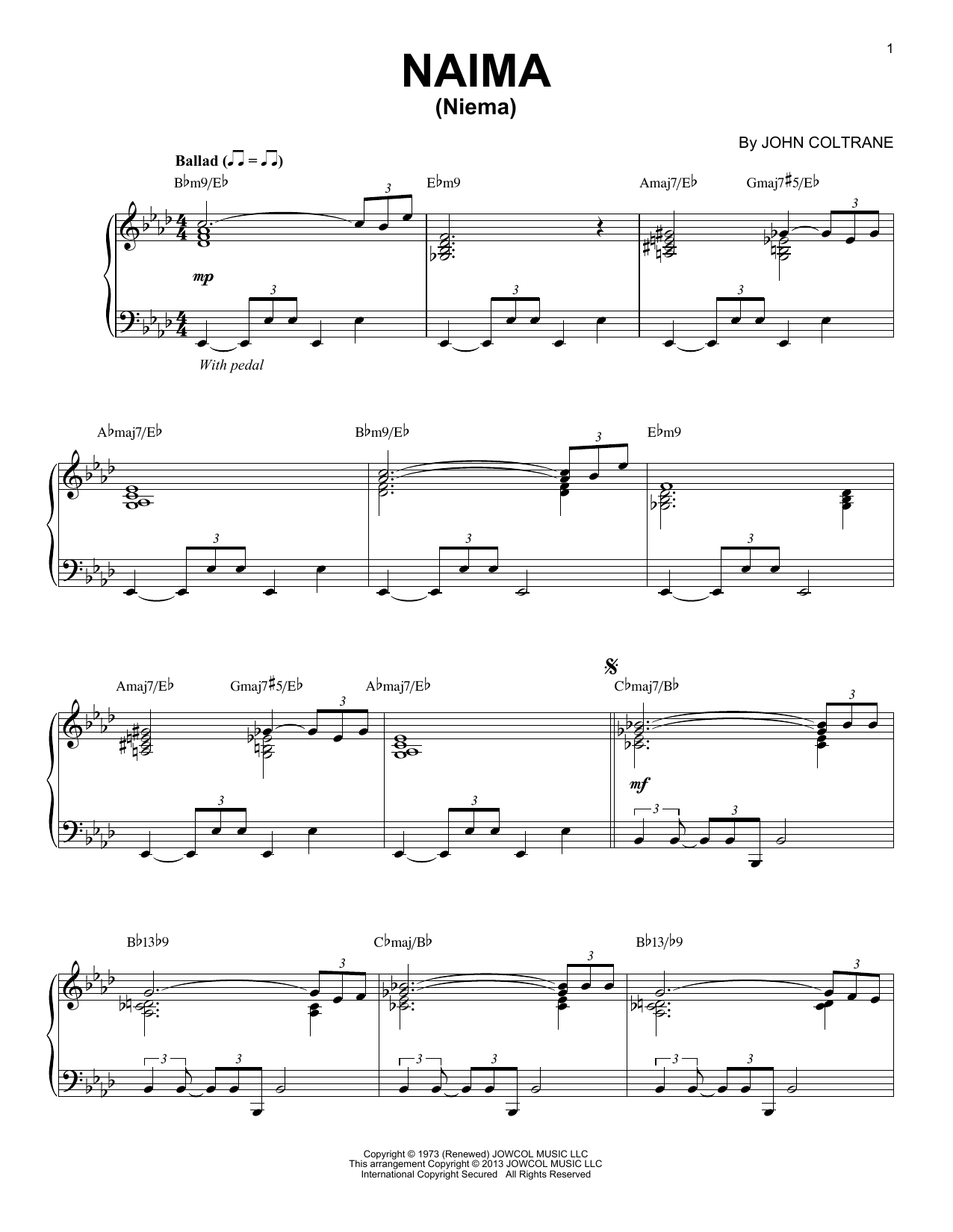 John Coltrane Naima (Niema) (arr. Brent Edstrom) Sheet Music Notes & Chords for Piano Solo - Download or Print PDF