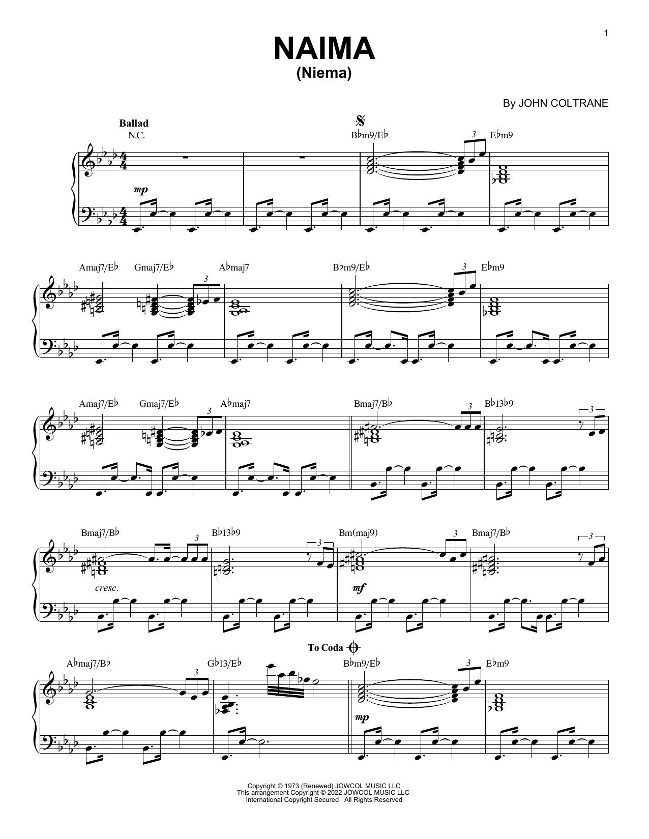 John Coltrane Naima (Niema) [Jazz version] (arr. Brent Edstrom) Sheet Music Notes & Chords for Piano Solo - Download or Print PDF