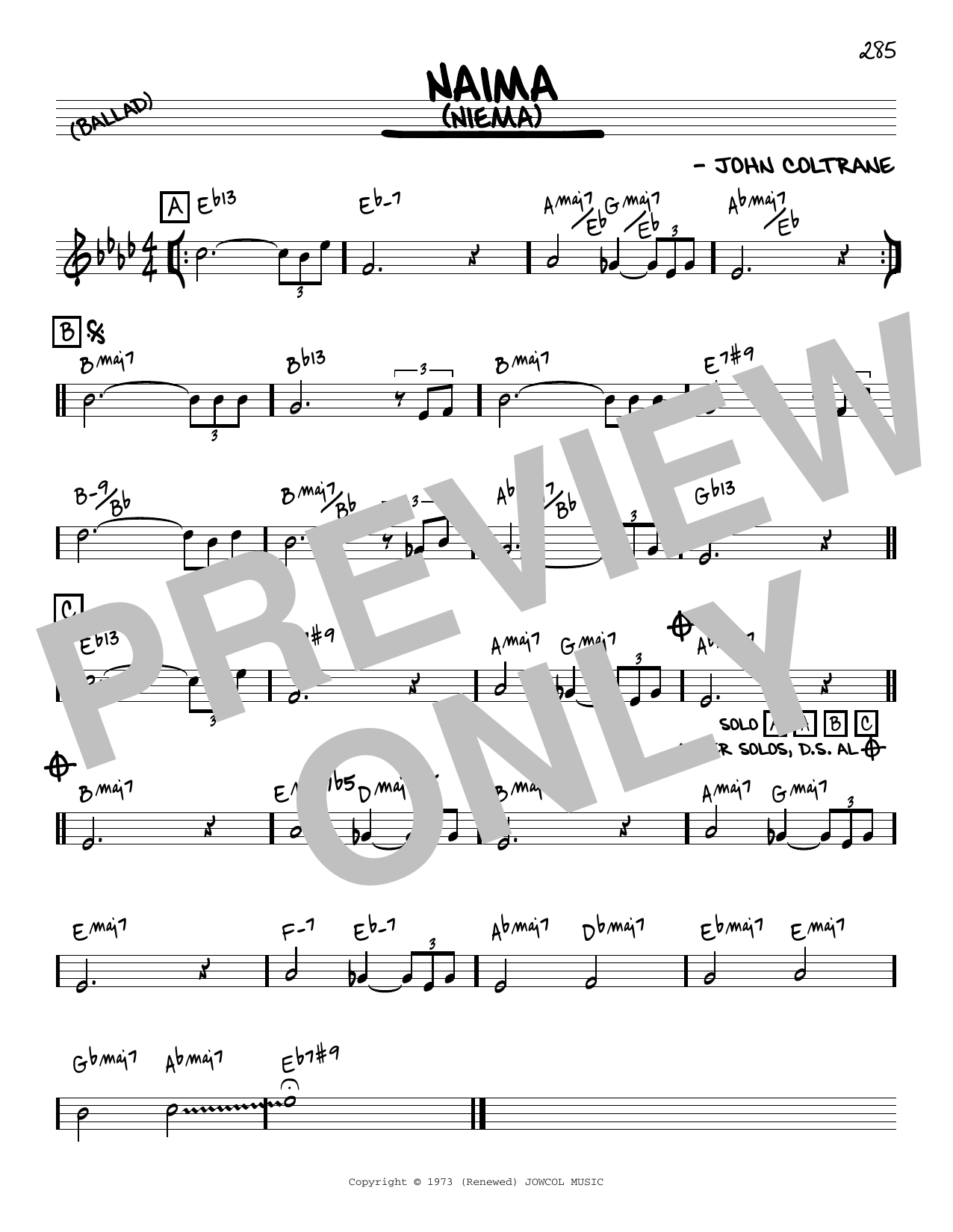 John Coltrane Naima (Niema) [Reharmonized version] (arr. Jack Grassel) Sheet Music Notes & Chords for Real Book – Melody & Chords - Download or Print PDF