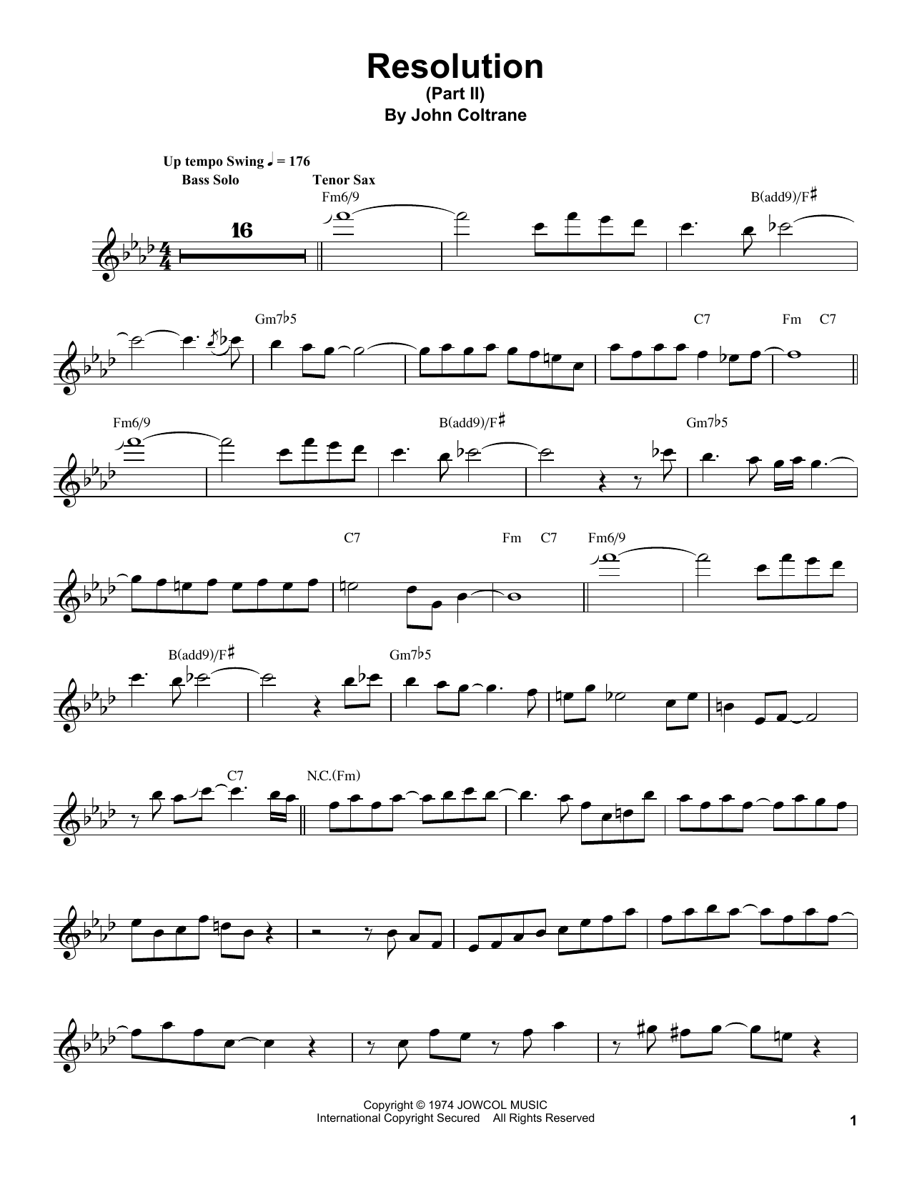 John Coltrane Resolution (Part II) Sheet Music Notes & Chords for Tenor Sax Transcription - Download or Print PDF