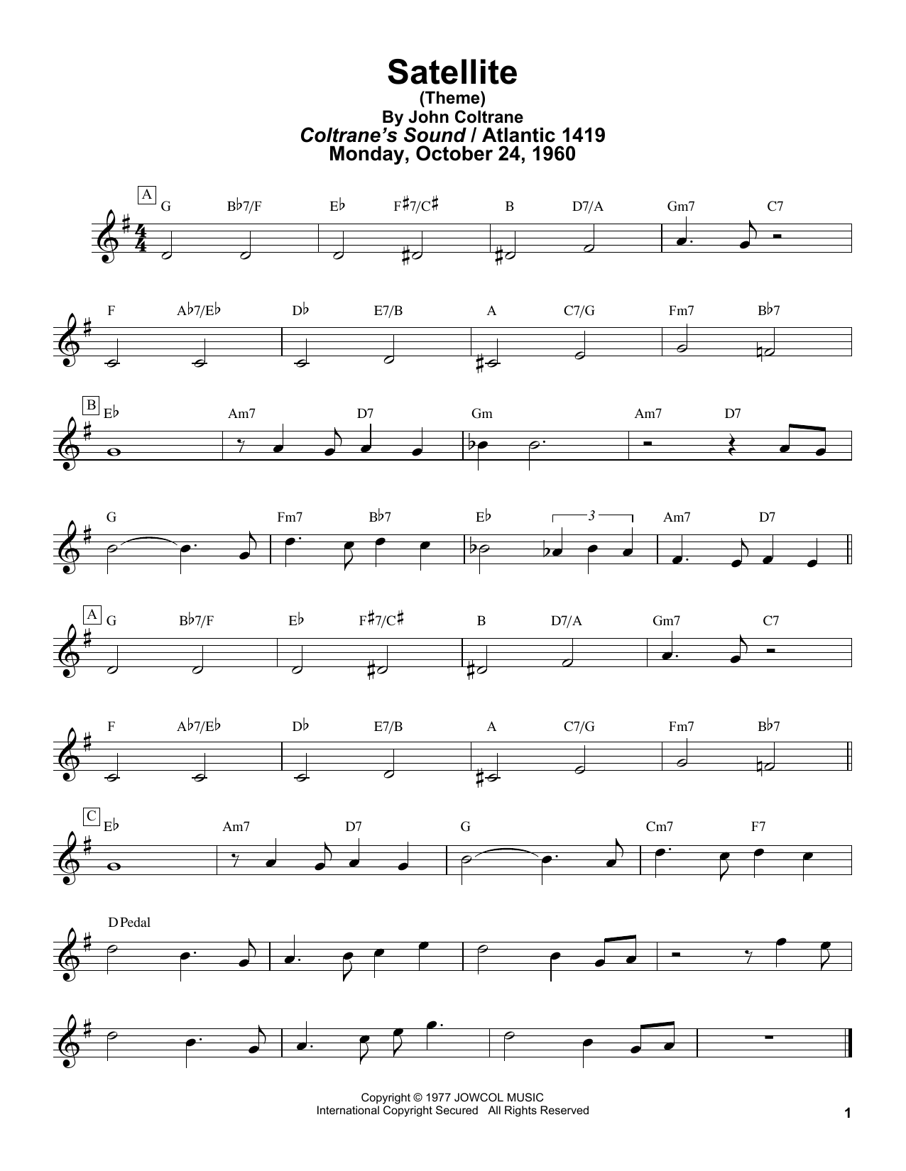 John Coltrane Satellite Sheet Music Notes & Chords for Real Book – Melody & Chords - Download or Print PDF