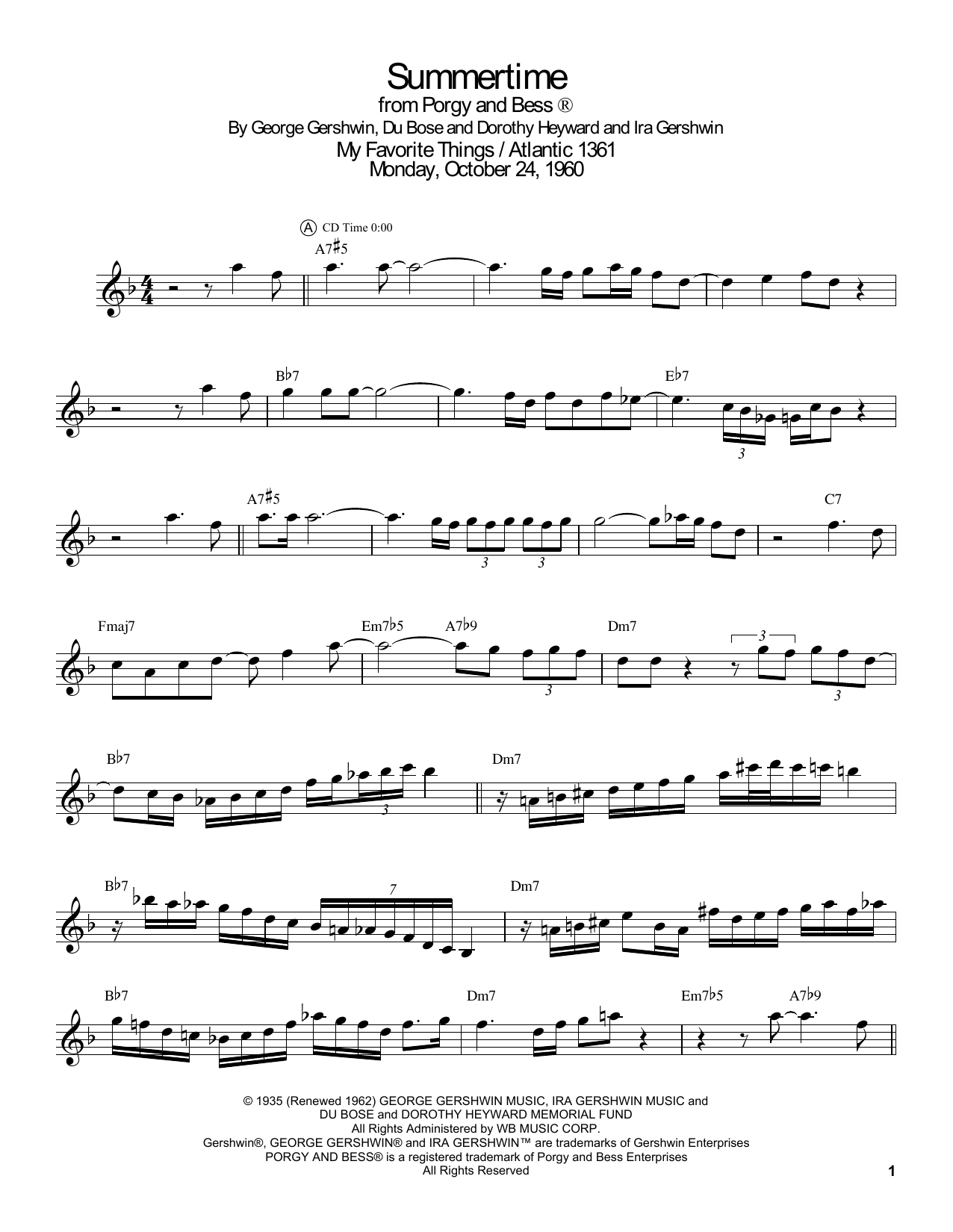 John Coltrane Summertime Sheet Music Notes & Chords for Tenor Sax Transcription - Download or Print PDF