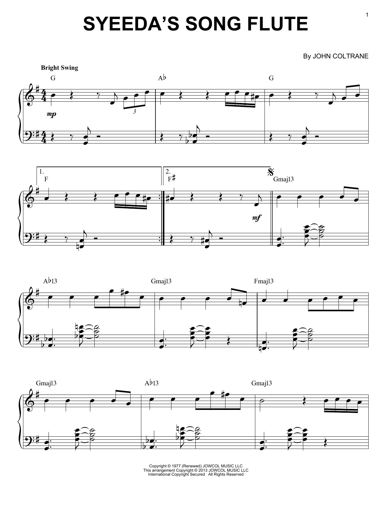 John Coltrane Syeeda's Song Flute (arr. Brent Edstrom) Sheet Music Notes & Chords for Piano Solo - Download or Print PDF