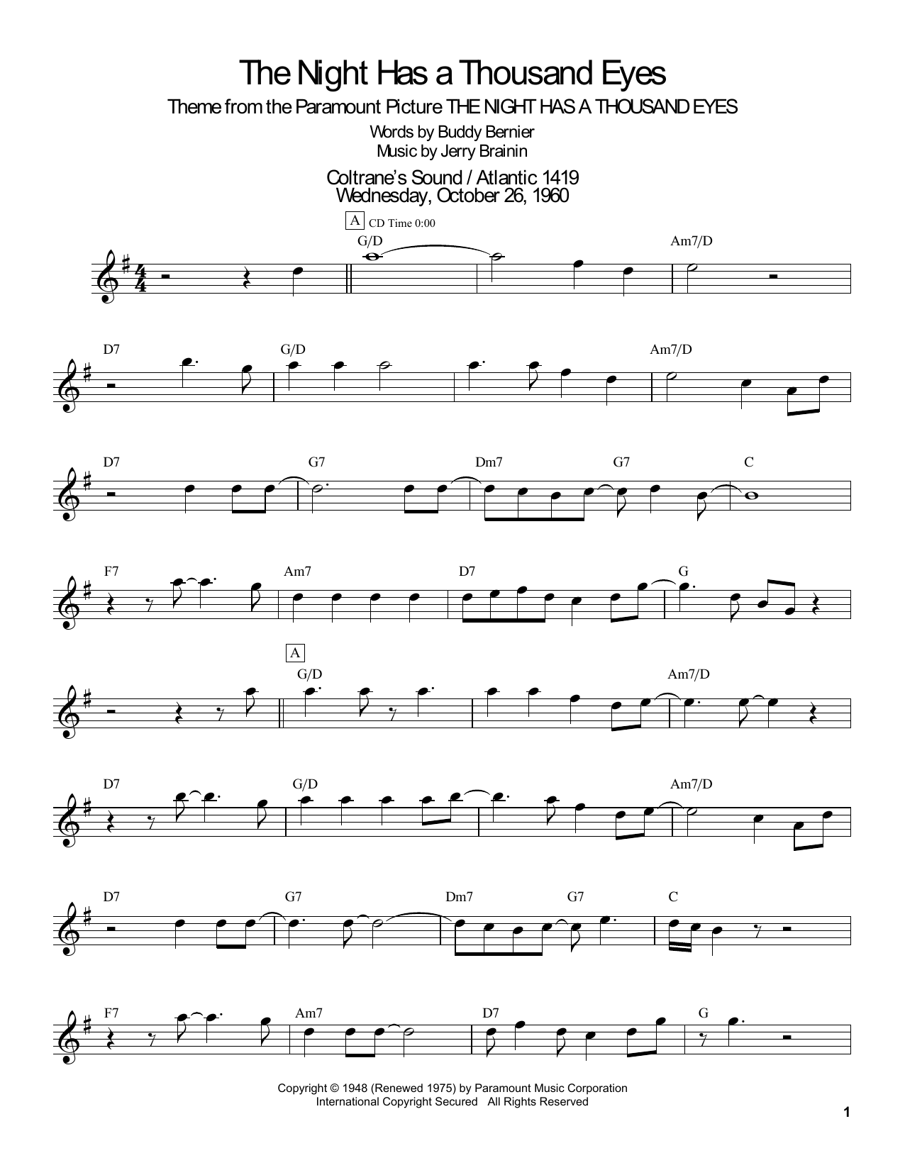 John Coltrane The Night Has A Thousand Eyes Sheet Music Notes & Chords for Tenor Sax Transcription - Download or Print PDF