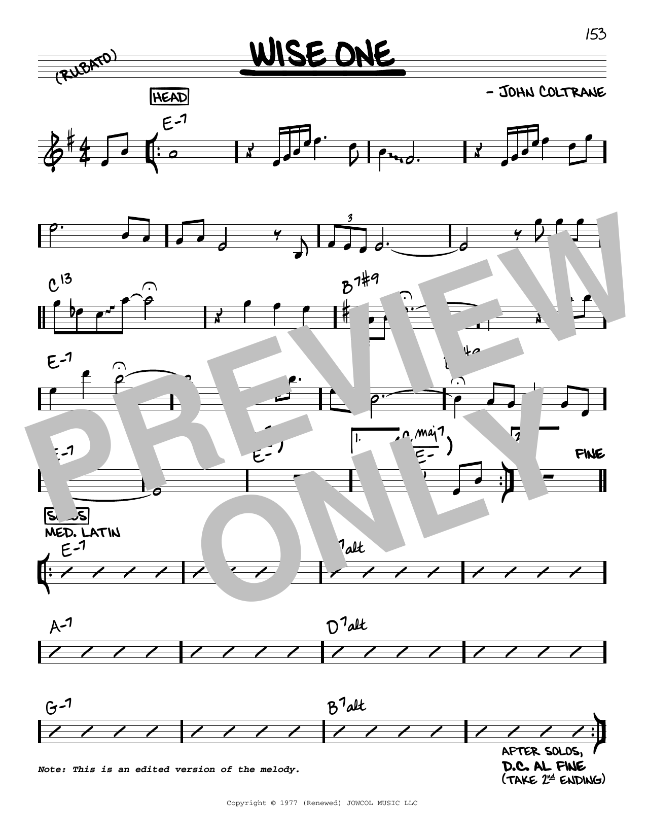 John Coltrane Wise One Sheet Music Notes & Chords for Real Book – Melody & Chords - Download or Print PDF