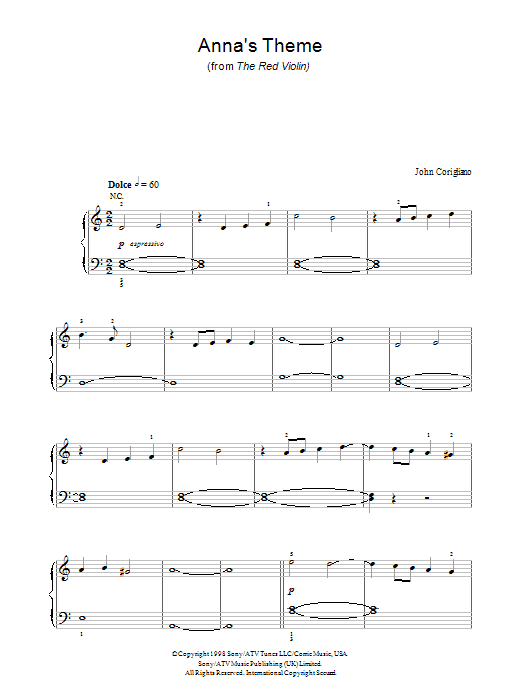 John Corigliano Anna's Theme (from The Red Violin) Sheet Music Notes & Chords for Piano - Download or Print PDF