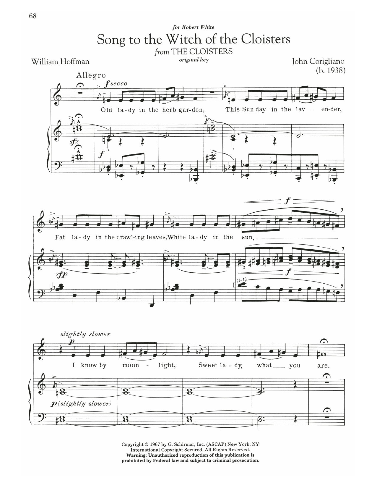 John Corigliano Song To The Witch Of The Cloisters Sheet Music Notes & Chords for Piano & Vocal - Download or Print PDF