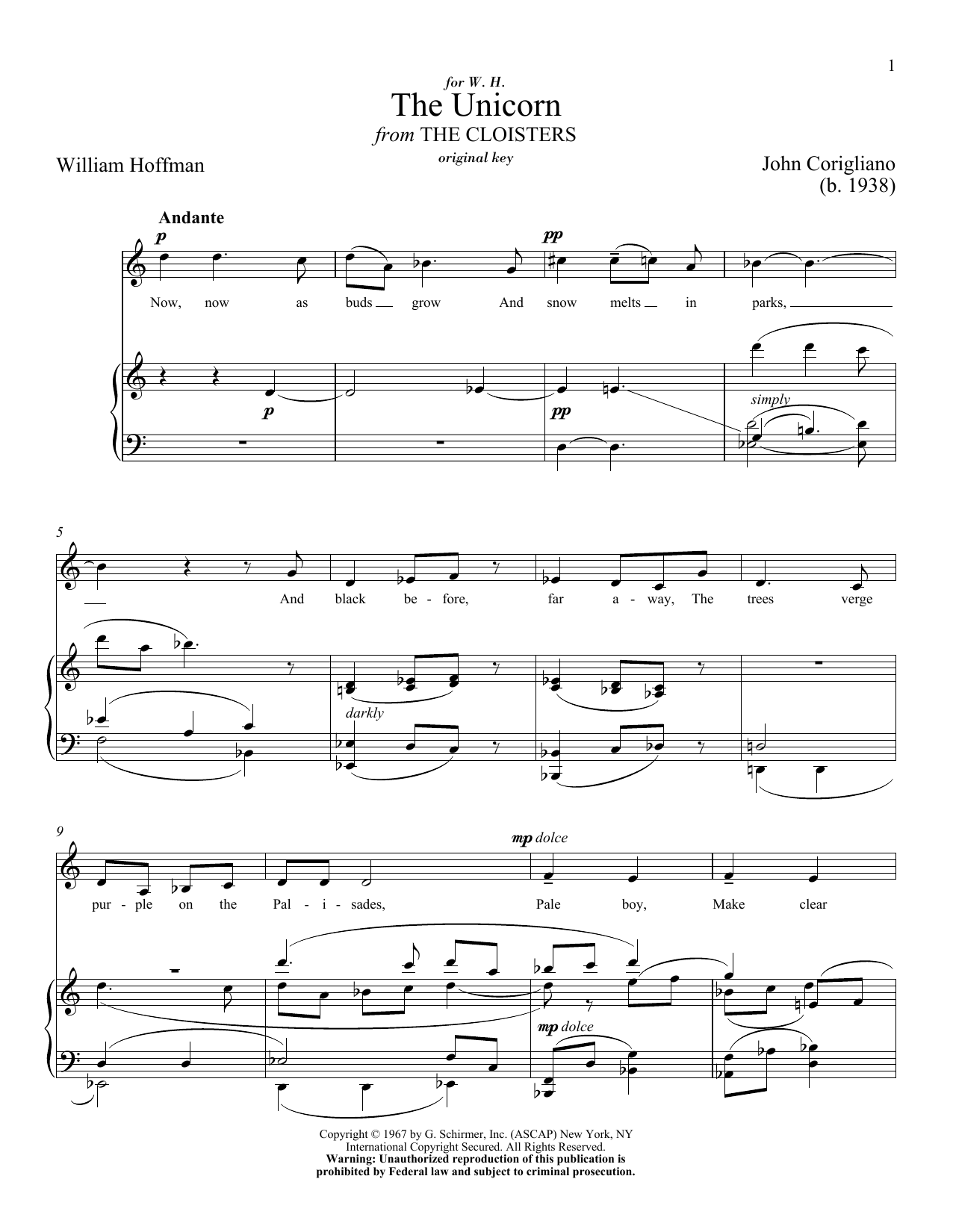 John Corigliano The Unicorn Sheet Music Notes & Chords for Piano & Vocal - Download or Print PDF