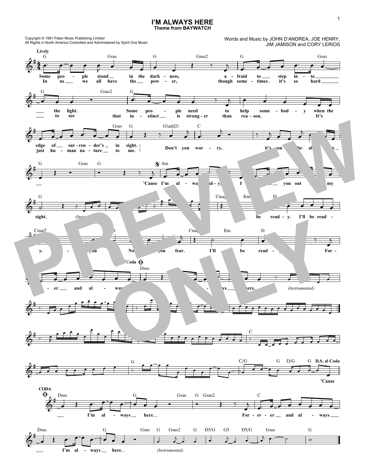 John D'Andrea I'm Always Here Sheet Music Notes & Chords for Melody Line, Lyrics & Chords - Download or Print PDF