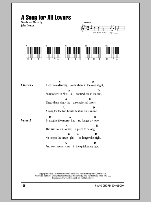 John Denver A Song For All Lovers Sheet Music Notes & Chords for Lyrics & Piano Chords - Download or Print PDF