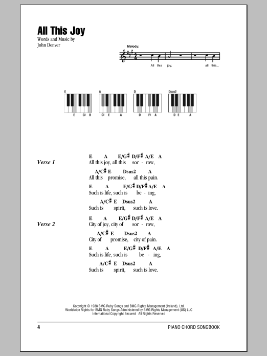 John Denver All This Joy Sheet Music Notes & Chords for Lyrics & Piano Chords - Download or Print PDF