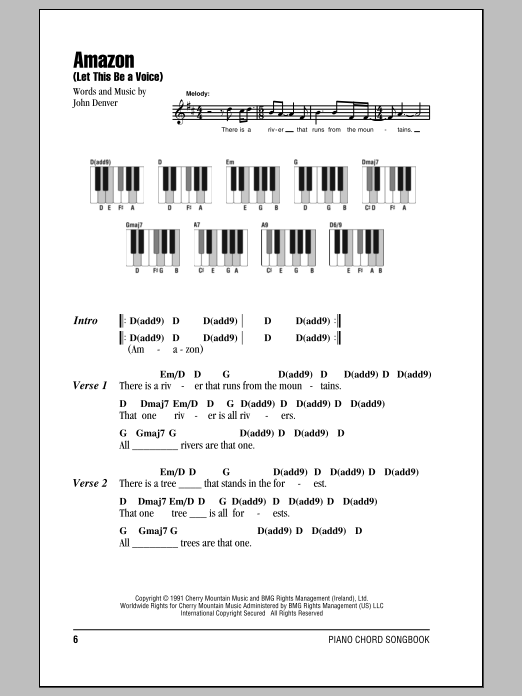 John Denver Amazon (Let This Be A Voice) Sheet Music Notes & Chords for Lyrics & Piano Chords - Download or Print PDF