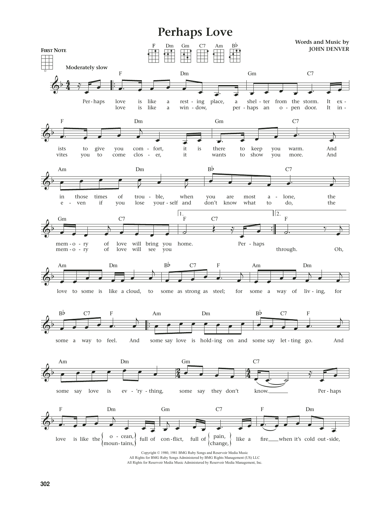 John Denver and Placido Domingo Perhaps Love (from The Daily Ukulele) (arr. Jim Beloff) Sheet Music Notes & Chords for Ukulele - Download or Print PDF