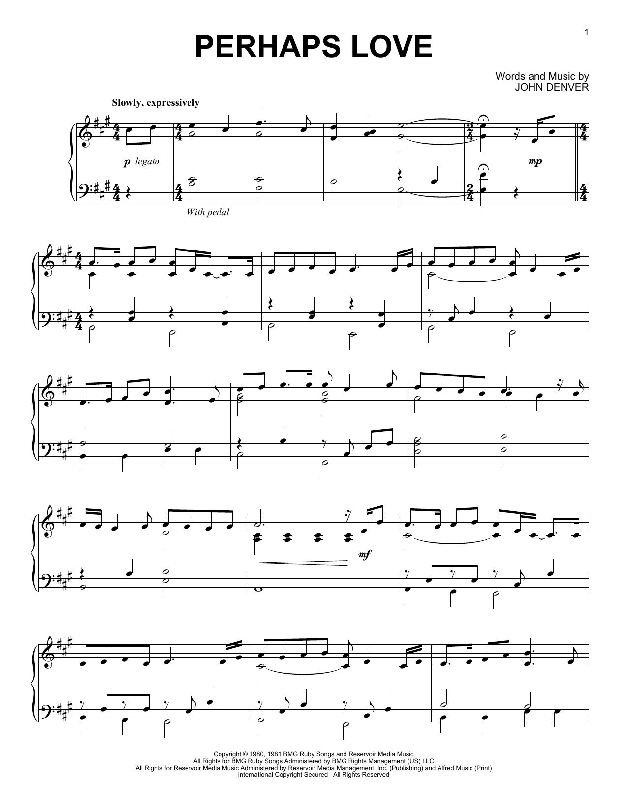 John Denver and Placido Domingo Perhaps Love Sheet Music Notes & Chords for Piano - Download or Print PDF