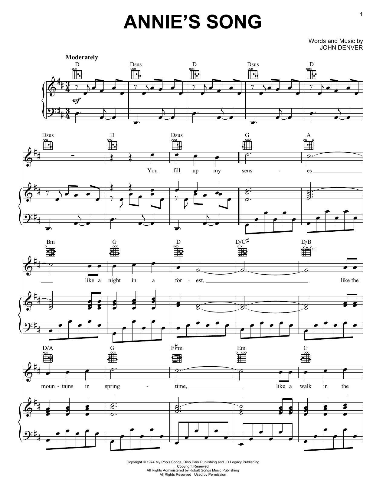 John Denver Annie's Song Sheet Music Notes & Chords for Easy Ukulele Tab - Download or Print PDF