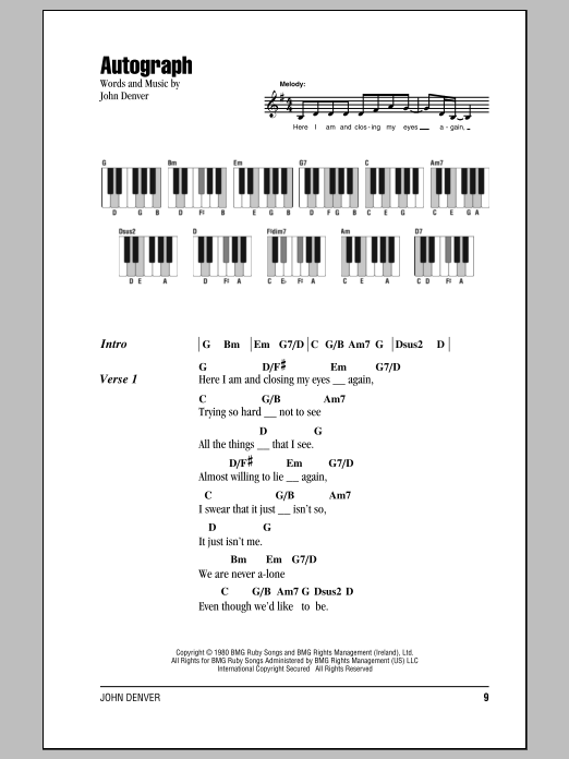 John Denver Autograph Sheet Music Notes & Chords for Lyrics & Piano Chords - Download or Print PDF