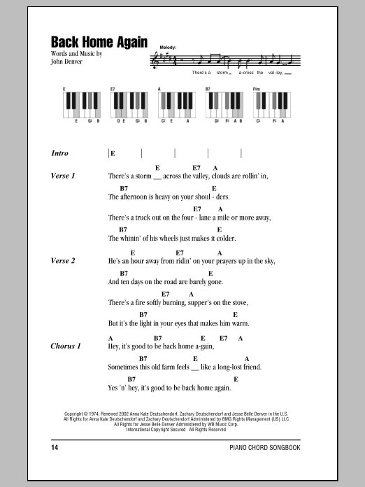 John Denver Back Home Again Sheet Music Notes & Chords for Melody Line, Lyrics & Chords - Download or Print PDF