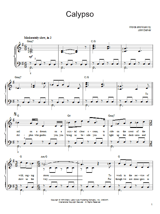 John Denver Calypso Sheet Music Notes & Chords for Piano, Vocal & Guitar (Right-Hand Melody) - Download or Print PDF