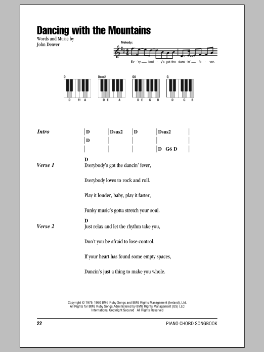 John Denver Dancing With The Mountains Sheet Music Notes & Chords for Lyrics & Piano Chords - Download or Print PDF
