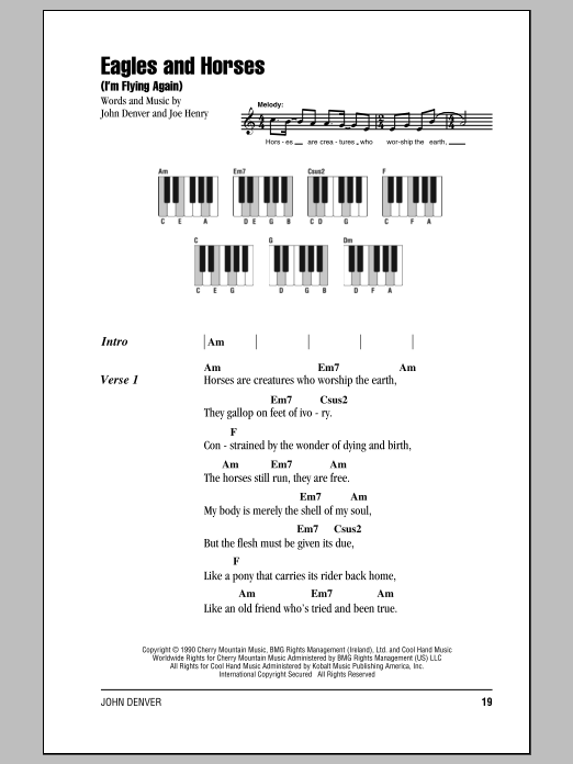 John Denver Eagles And Horses (I'm Flying Again) Sheet Music Notes & Chords for Lyrics & Piano Chords - Download or Print PDF
