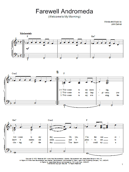 John Denver Farewell Andromeda (Welcome To My Morning) Sheet Music Notes & Chords for Lyrics & Piano Chords - Download or Print PDF