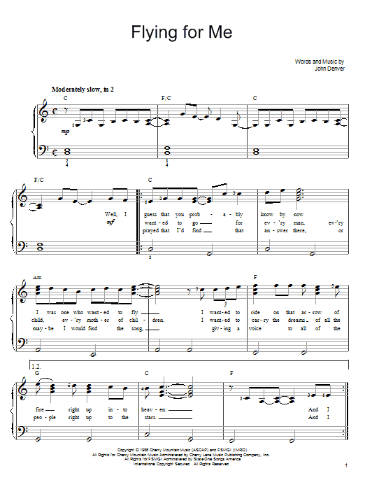 John Denver Flying For Me Sheet Music Notes & Chords for Lyrics & Piano Chords - Download or Print PDF