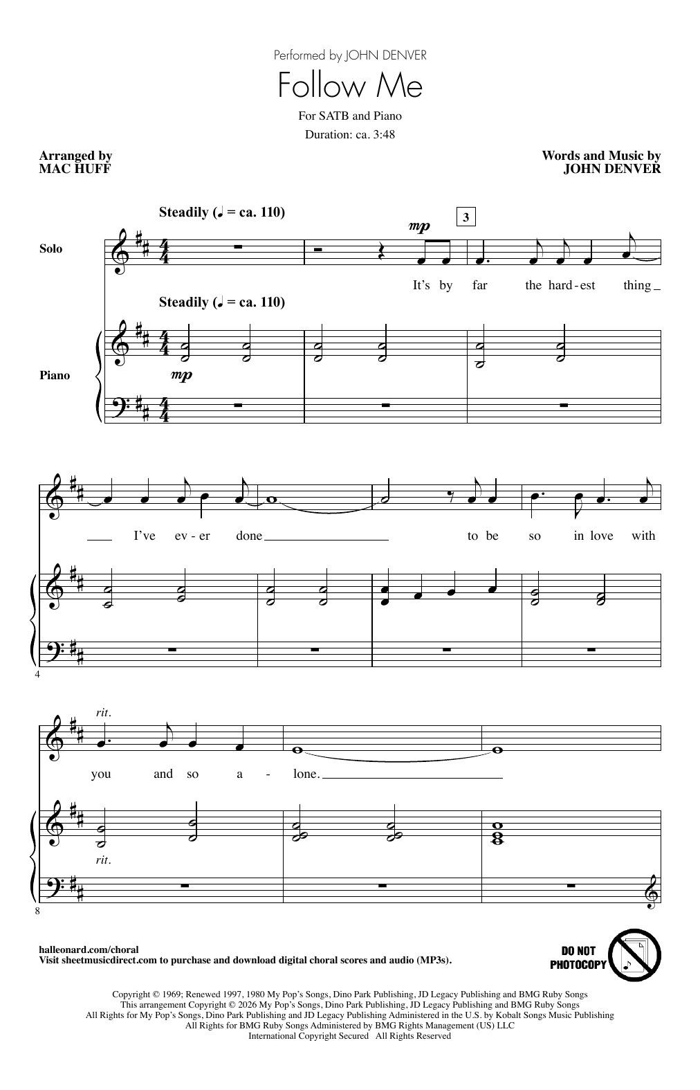 John Denver Follow Me (arr. Mac Huff) Sheet Music Notes & Chords for SATB Choir - Download or Print PDF