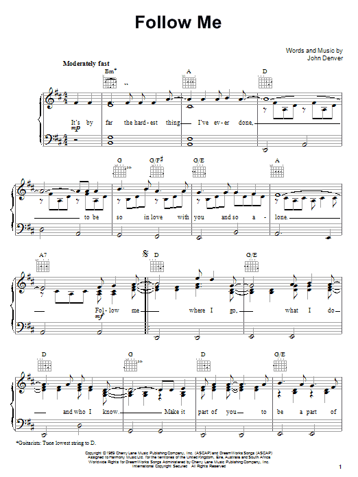 John Denver Follow Me Sheet Music Notes & Chords for Lyrics & Piano Chords - Download or Print PDF