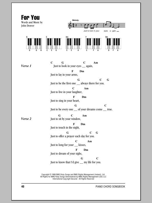 John Denver For You Sheet Music Notes & Chords for Piano, Vocal & Guitar (Right-Hand Melody) - Download or Print PDF