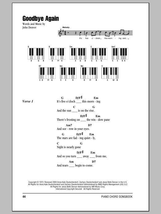 John Denver Goodbye Again Sheet Music Notes & Chords for Lyrics & Piano Chords - Download or Print PDF